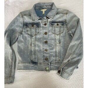 Matilda Jane Polka Dot Denim Jacket Women’s XS Light Wash Distressed Frayed Hem